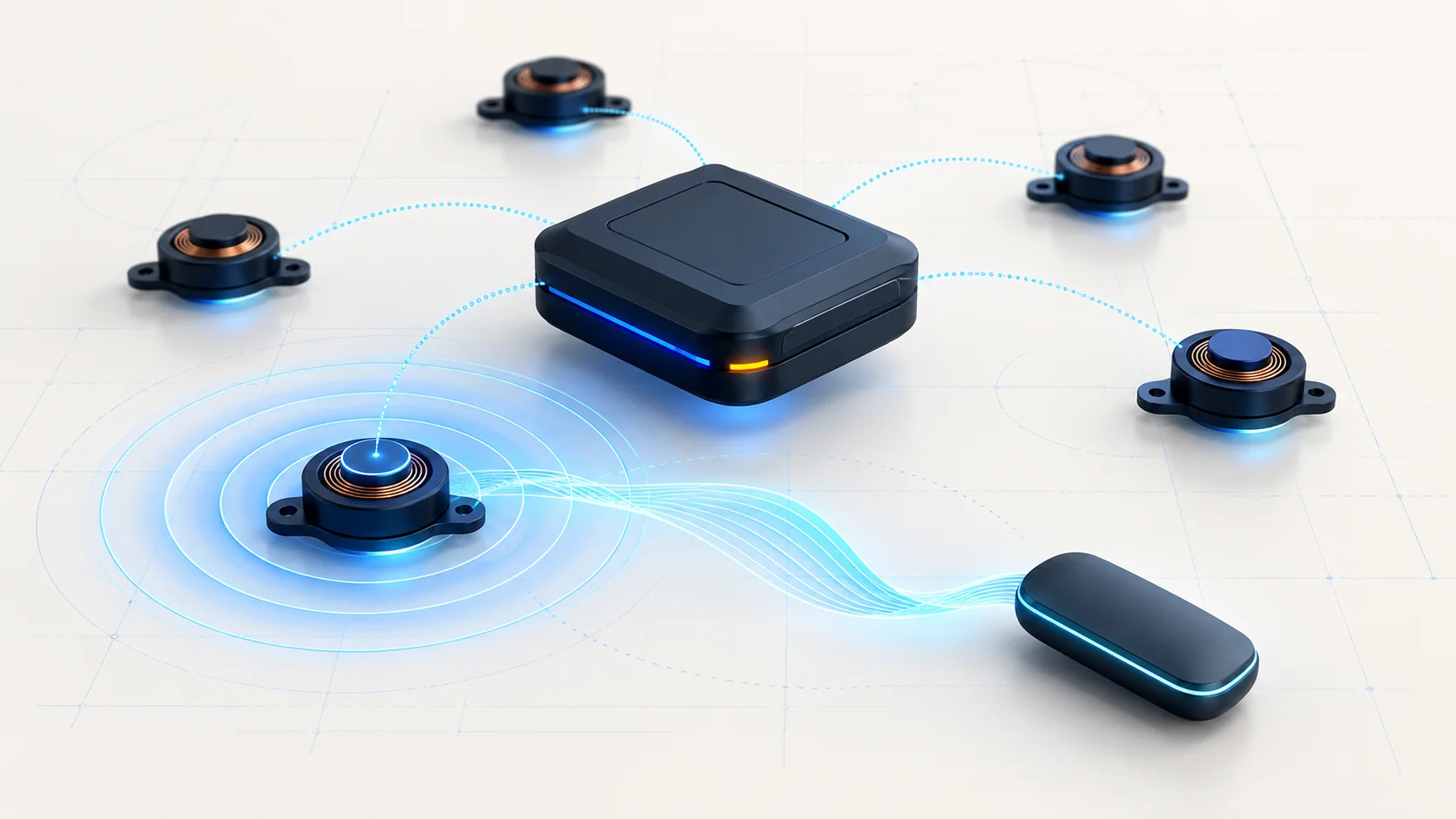 Abstract antenna modules, controller and separate communication rings; not an OEM component layout, wiring diagram or radio coverage map