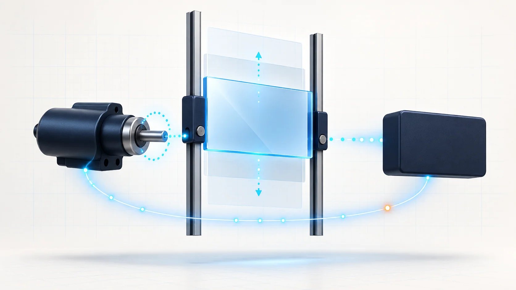 Abstract moving pane, drive module and feedback rings representing window position control; not an OEM layout or wiring diagram