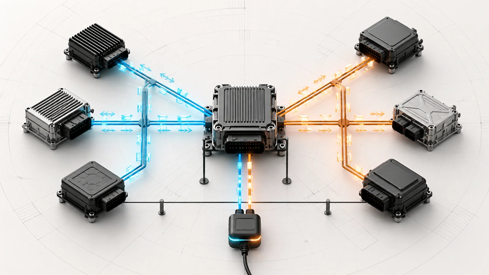 Abstract vehicle network illustration showing control modules, two communication domains, a central gateway, bidirectional data flow, and a diagnostic interface