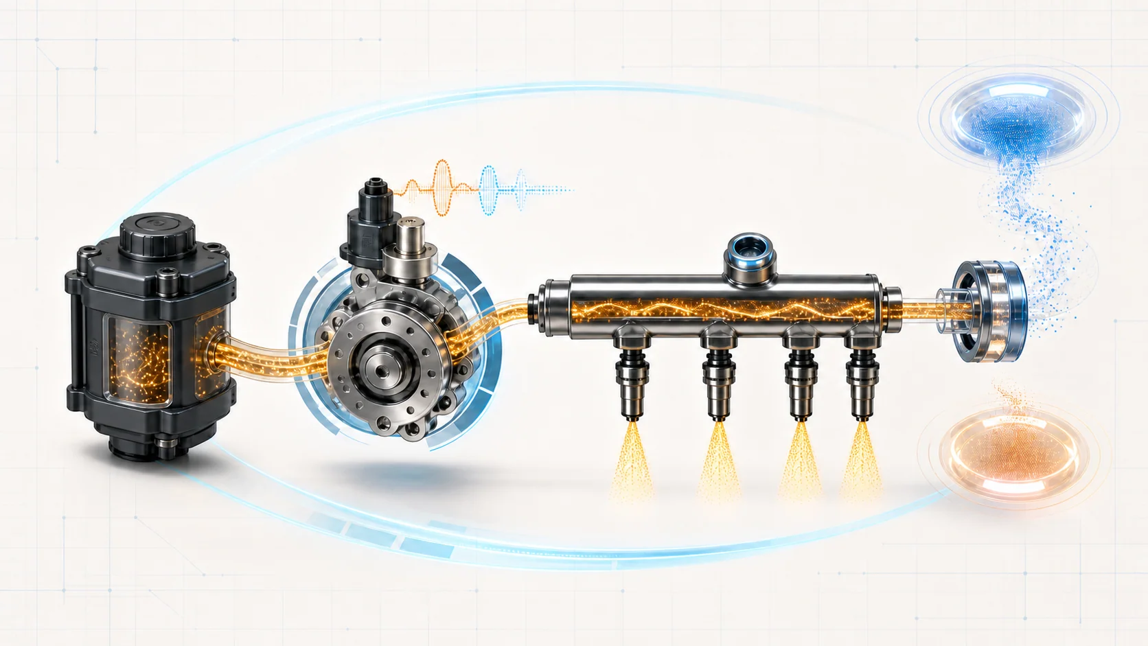 Abstract fuel system illustration showing low-pressure supply, high-pressure generation, rail pressure sensing, four-injector metering, electrical pump control, and feedback analysis