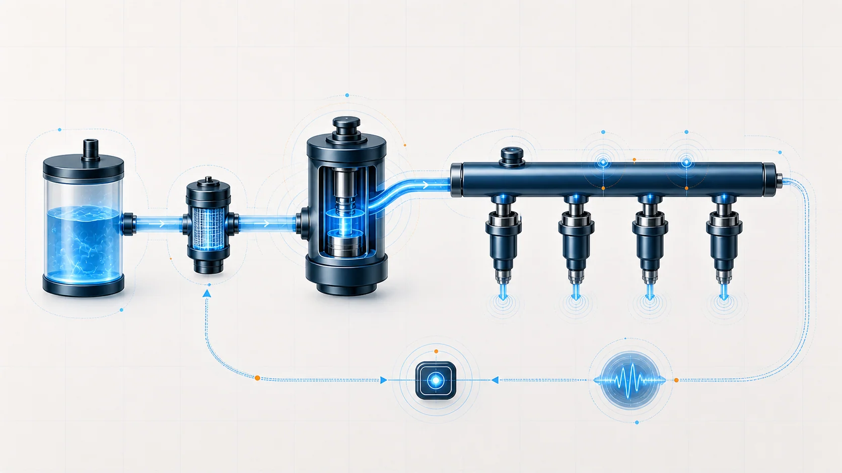 Abstract direct-injection fuel system illustration showing low-pressure supply, high-pressure generation, rail pressure sensing, injector metering, and feedback control