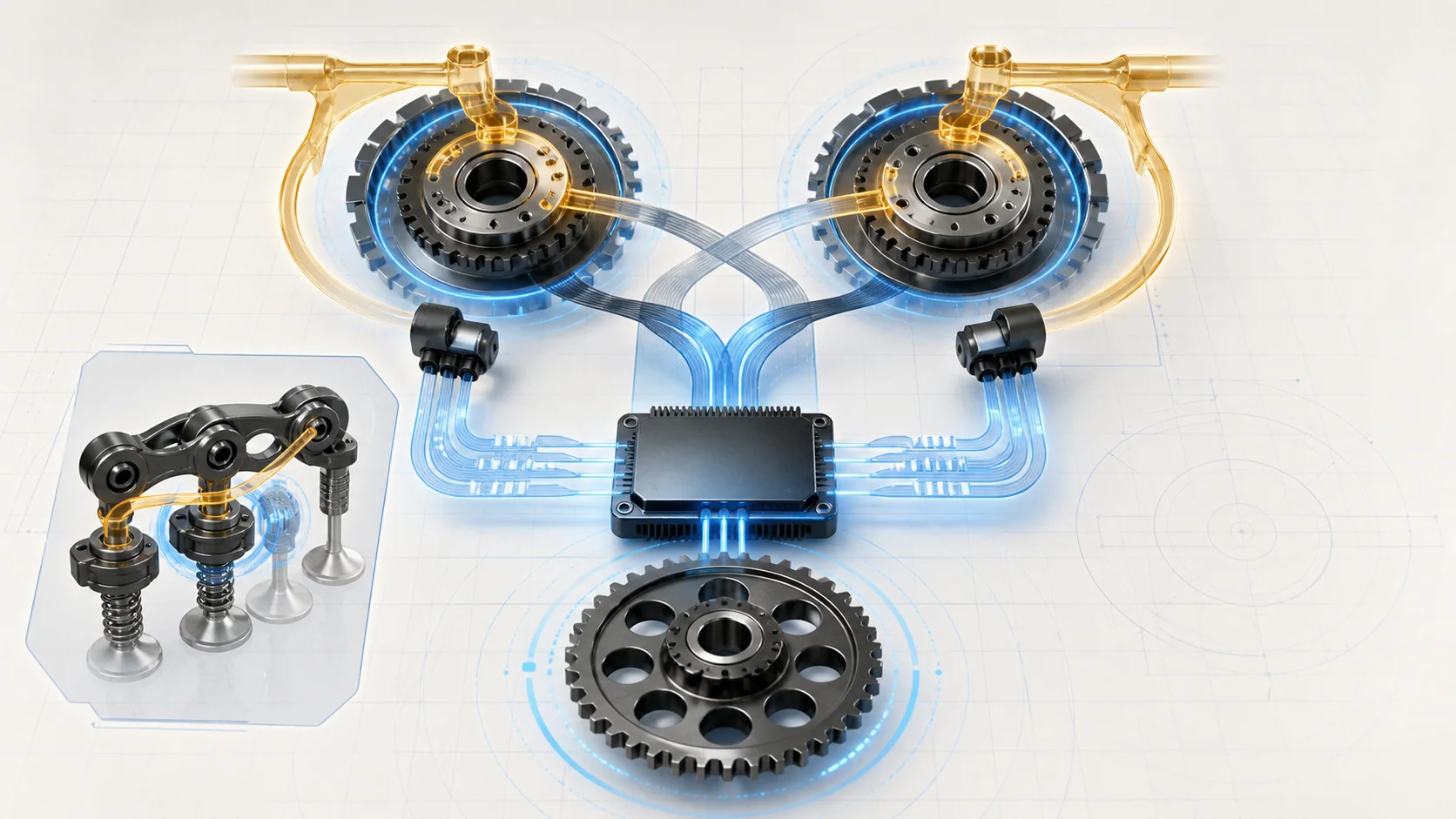 Abstract engine timing illustration showing crank and cam rotation, oil-controlled phase adjustment, position sensing, rocker-arm switching, and electronic feedback