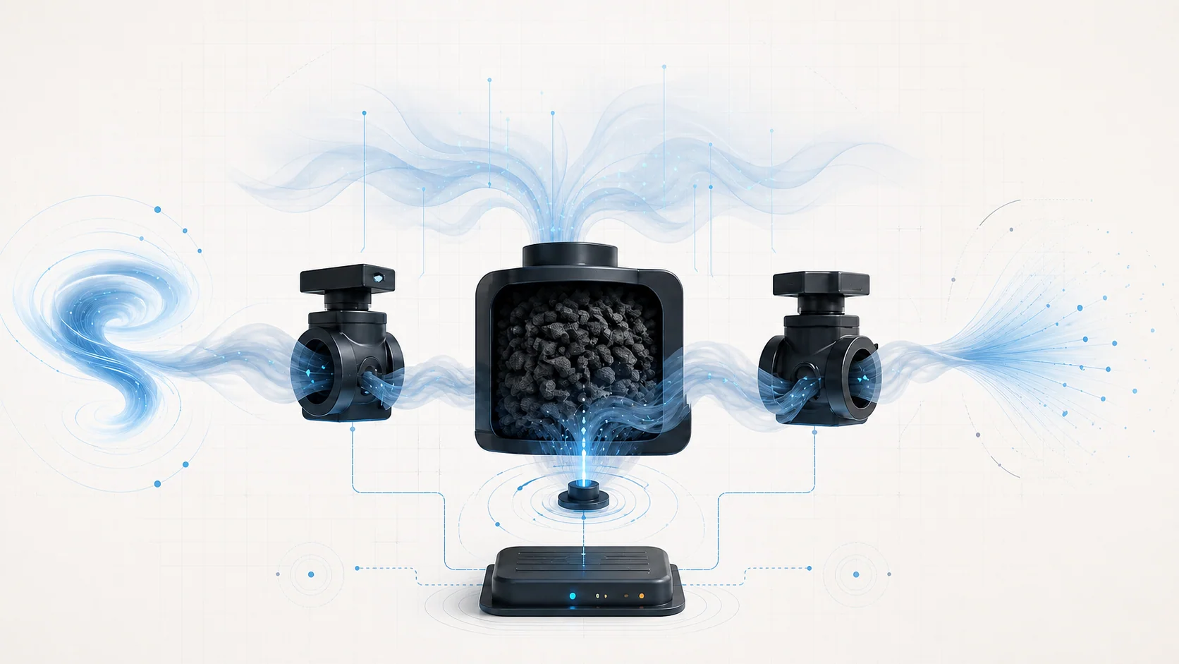 Abstract EVAP system illustration showing vapor storage, charcoal filtration, purge and vent control, pressure sensing, and feedback