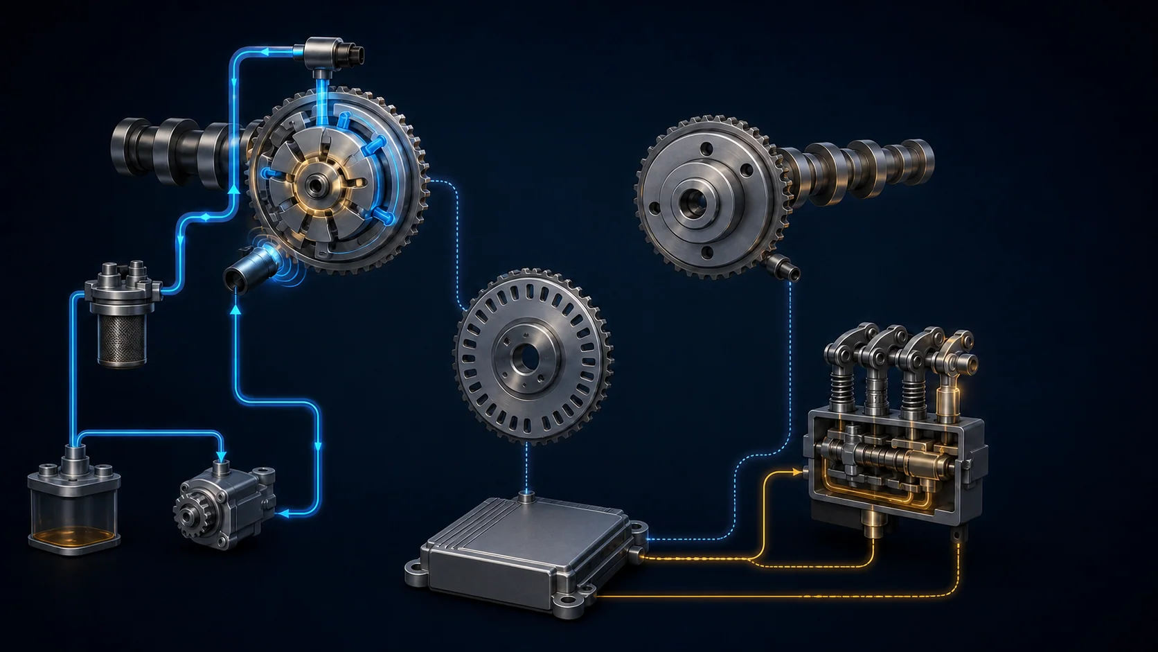 Abstract engine timing illustration showing crank and cam position sensing, intake-only oil-controlled phase adjustment, rocker-arm switching, and electronic feedback
