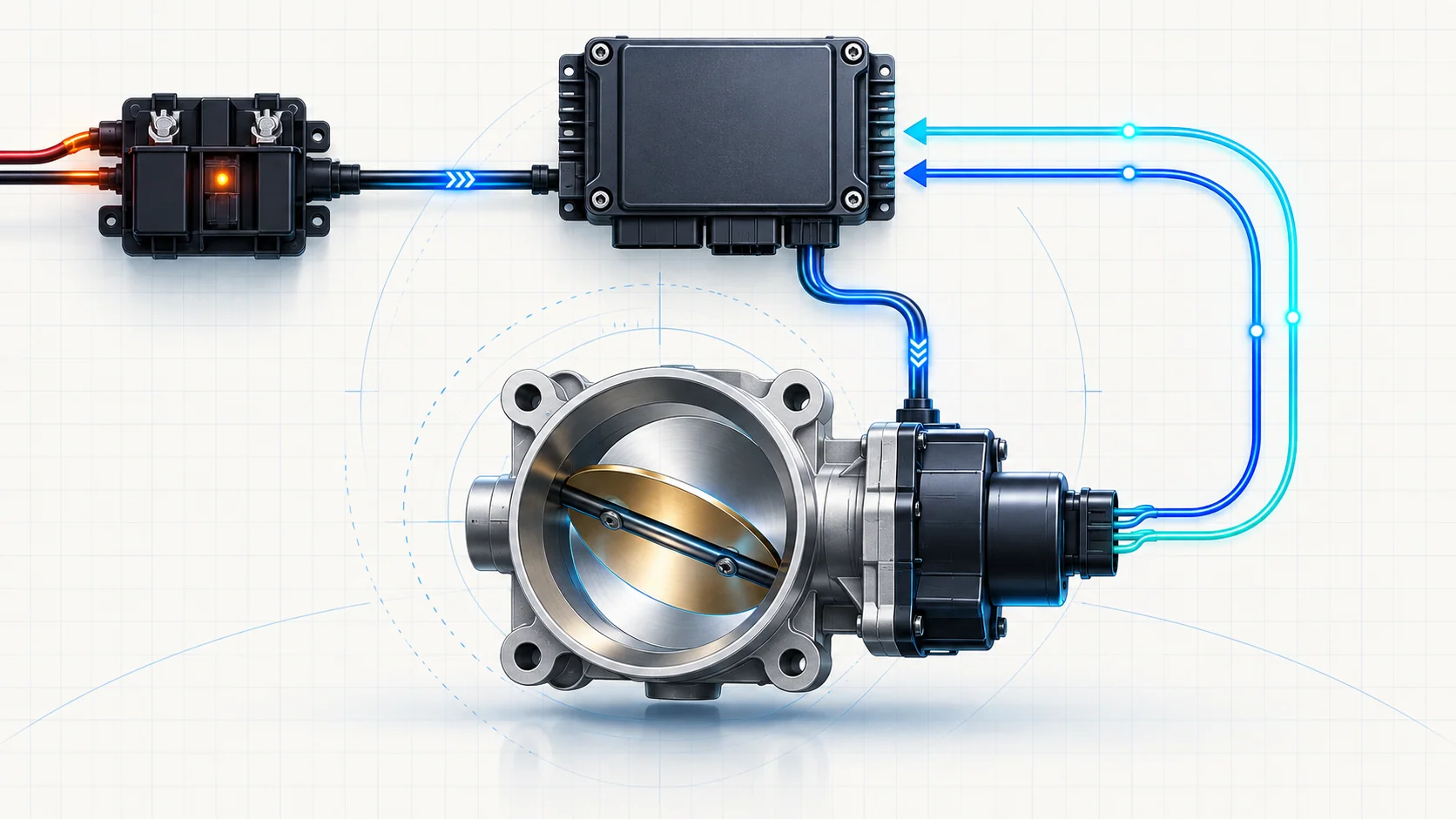 Abstract electronic throttle control illustration with a throttle plate, electric actuator, controlled power path, controller, and dual position-feedback signals