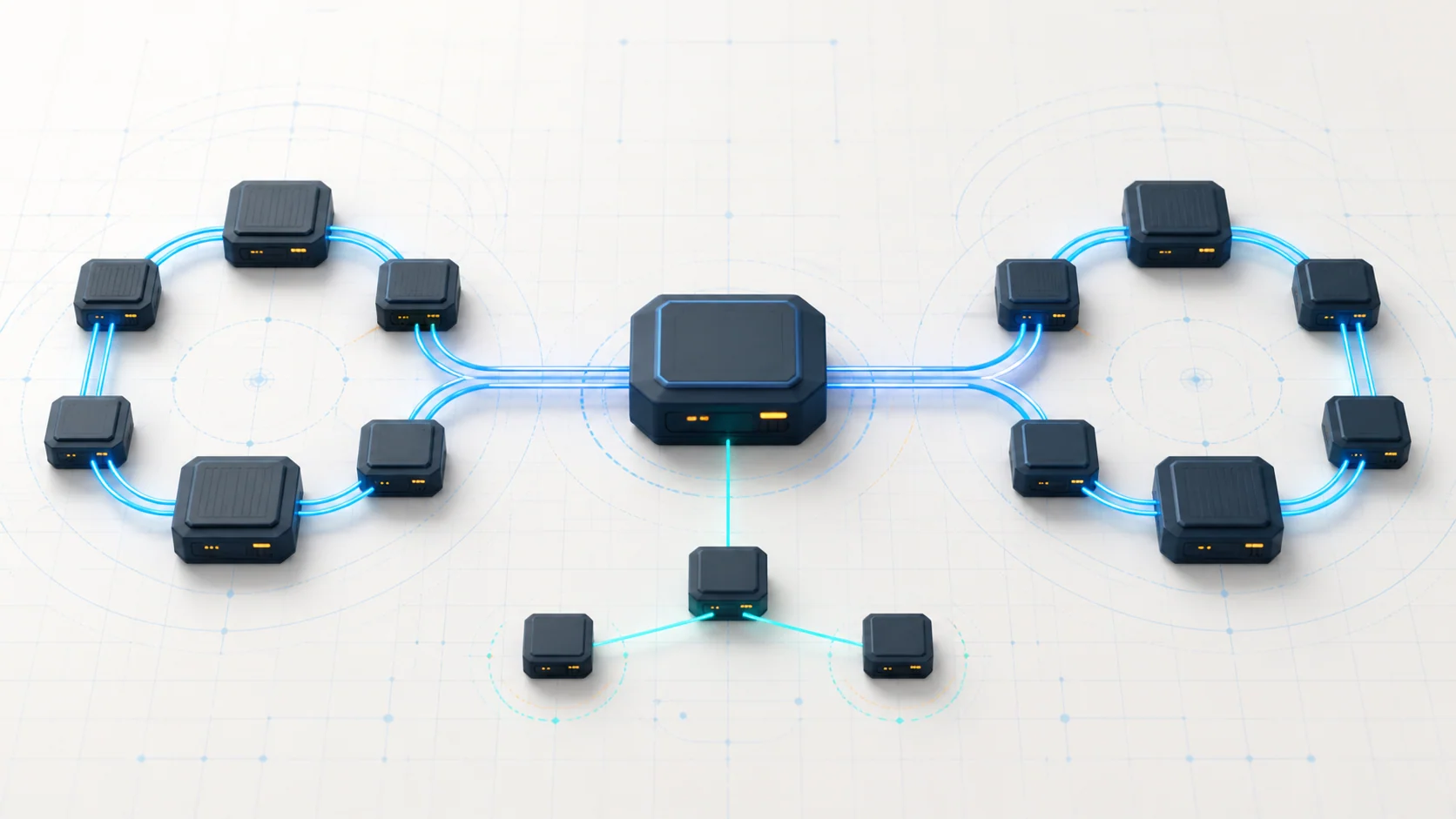 Abstract vehicle network illustration showing control modules, paired communication paths, a central gateway, a local branch, and diagnostic signal flow
