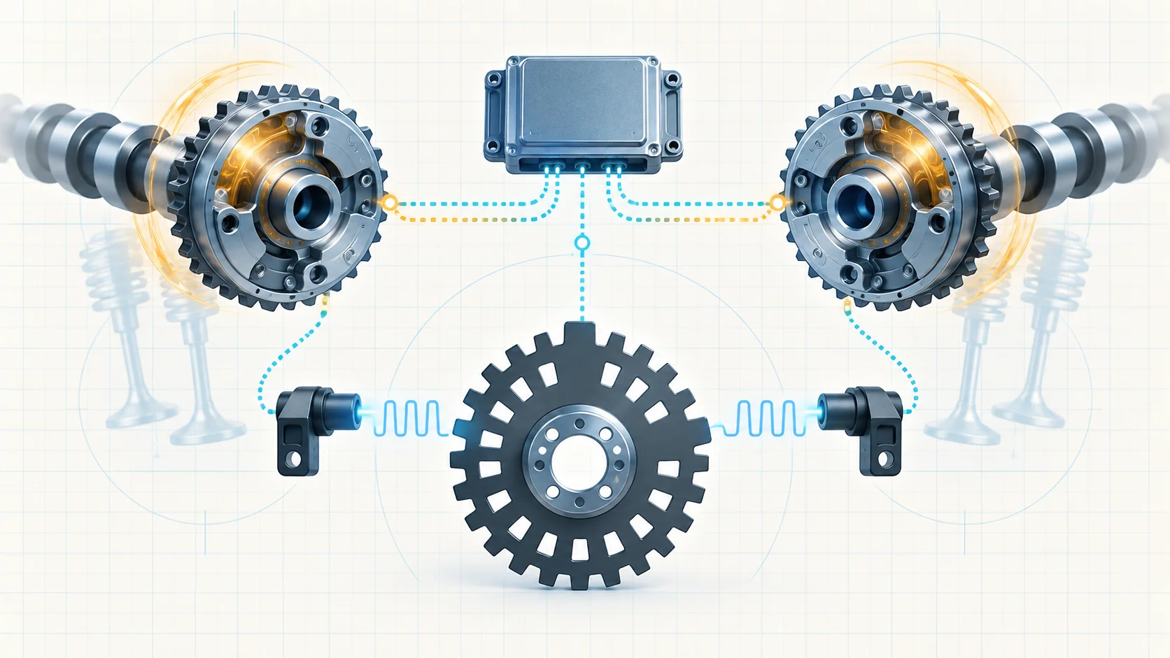 Abstract engine timing illustration showing a crank target, cam phasers, oil-control flow, position-sensor pulses, and electronic comparison