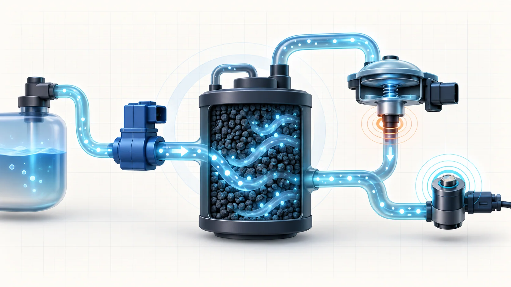 Abstract EVAP system illustration showing charcoal vapor storage, controlled purge flow, integrity monitoring, and pressure sensing