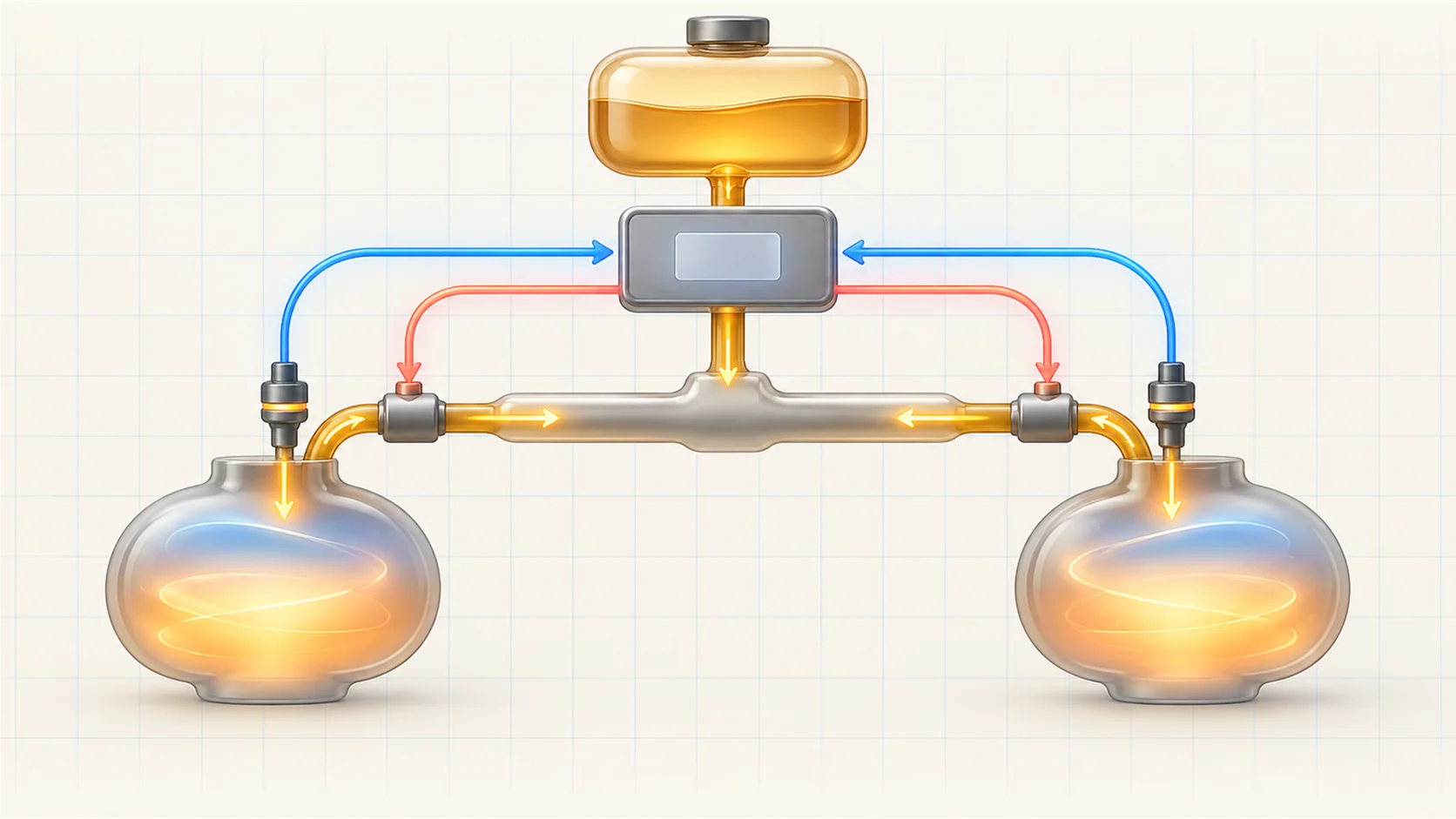 Abstract two-bank fuel delivery and air-fuel feedback illustration with supply, sensing, and controller nodes