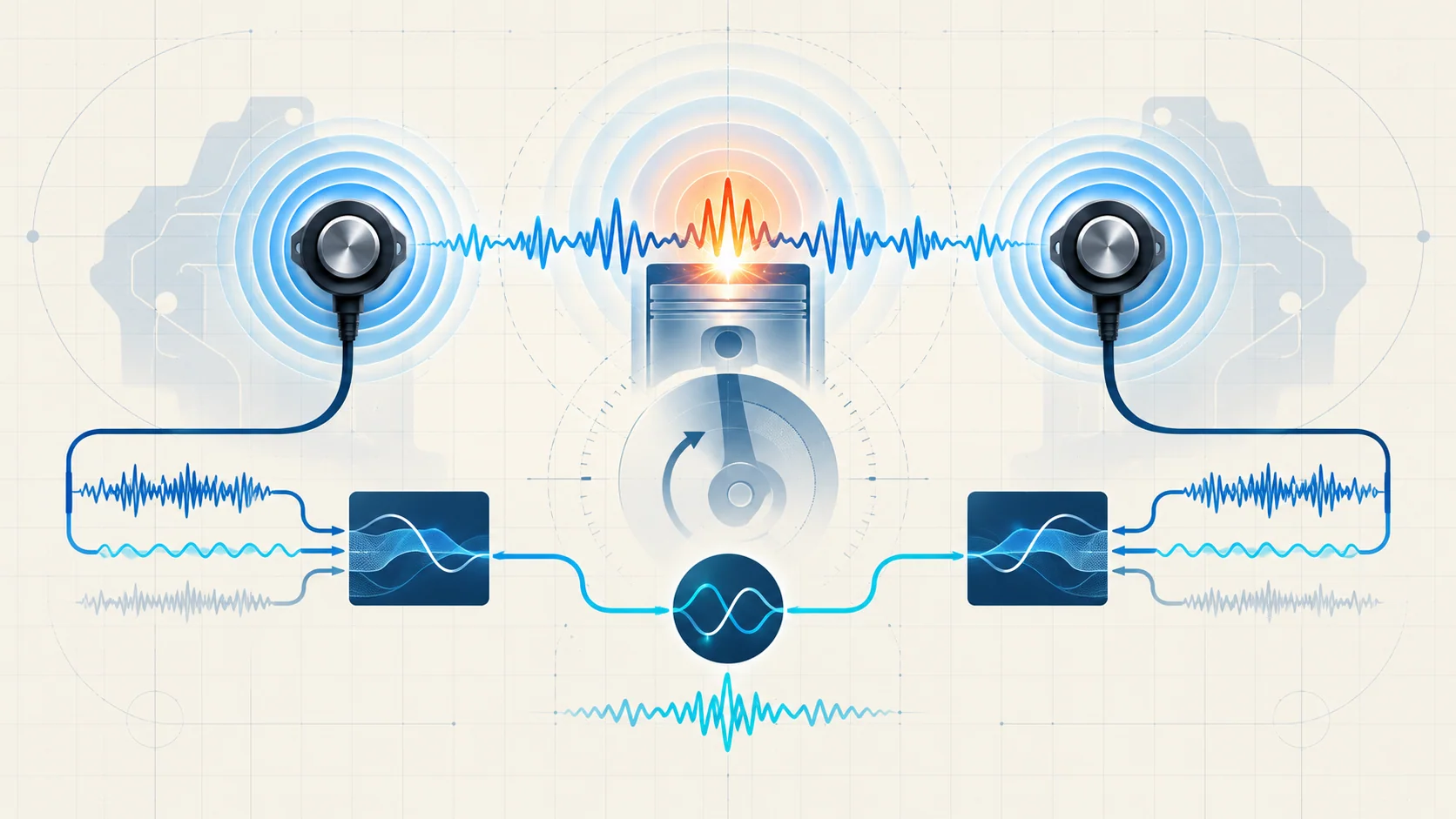 Abstract dual-channel knock sensor feedback illustration with two vibration sensors, combustion pressure pulses, and adaptive signal filtering
