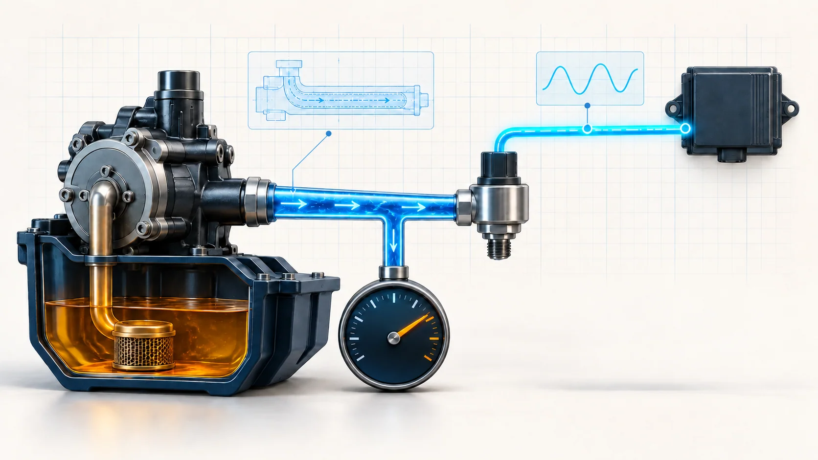 Abstract engine oil-pressure monitoring illustration with a hydraulic oil path, pressure sensor, mechanical gauge, and controller signal path