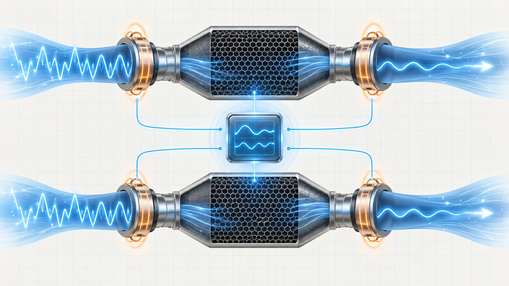 Abstract dual-bank catalyst-monitoring illustration with heated oxygen-sensor rings, honeycomb converter chambers, and upstream/downstream signal comparison