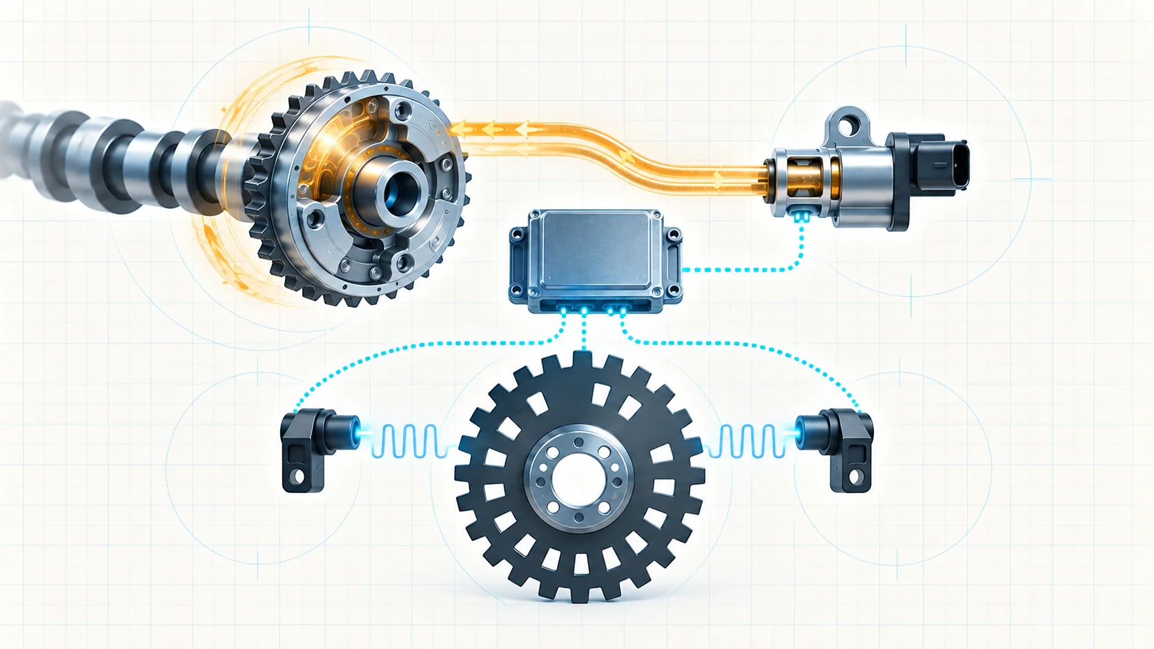 Abstract engine timing illustration with a crank reluctor wheel, cam phaser, VCT oil-control solenoid, position sensors, and control signals