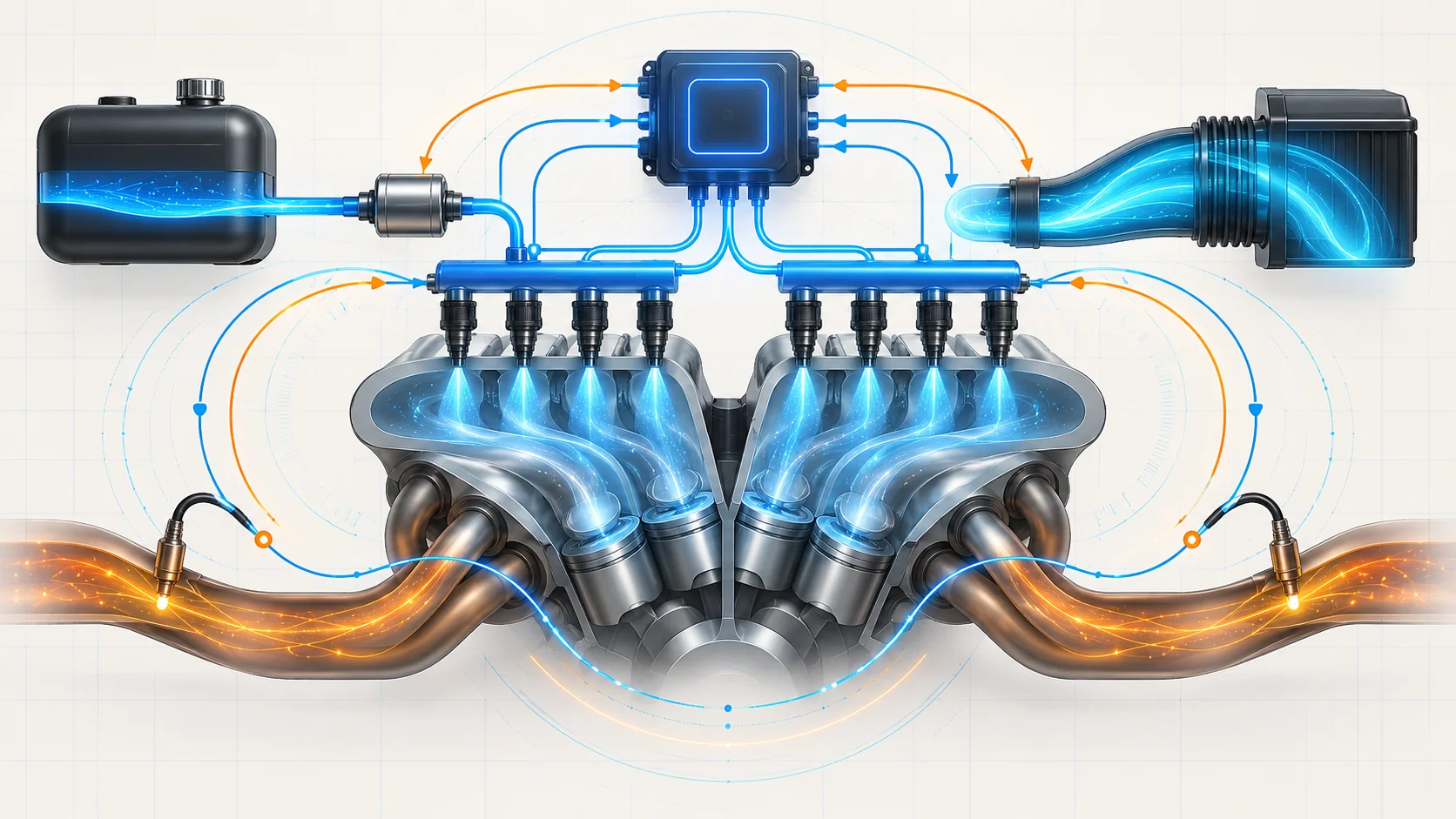 Abstract V8 fuel delivery and air-fuel control illustration with paired injector banks, airflow, oxygen feedback loops, and a central controller