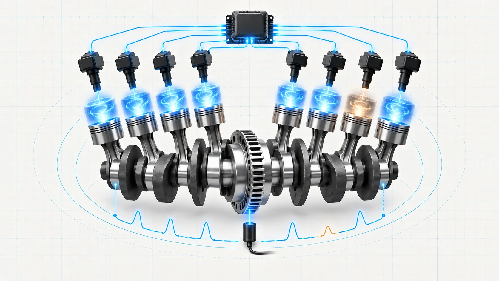 Abstract eight-cylinder ignition and misfire-monitoring illustration with one interrupted combustion pulse and a crankshaft-speed waveform
