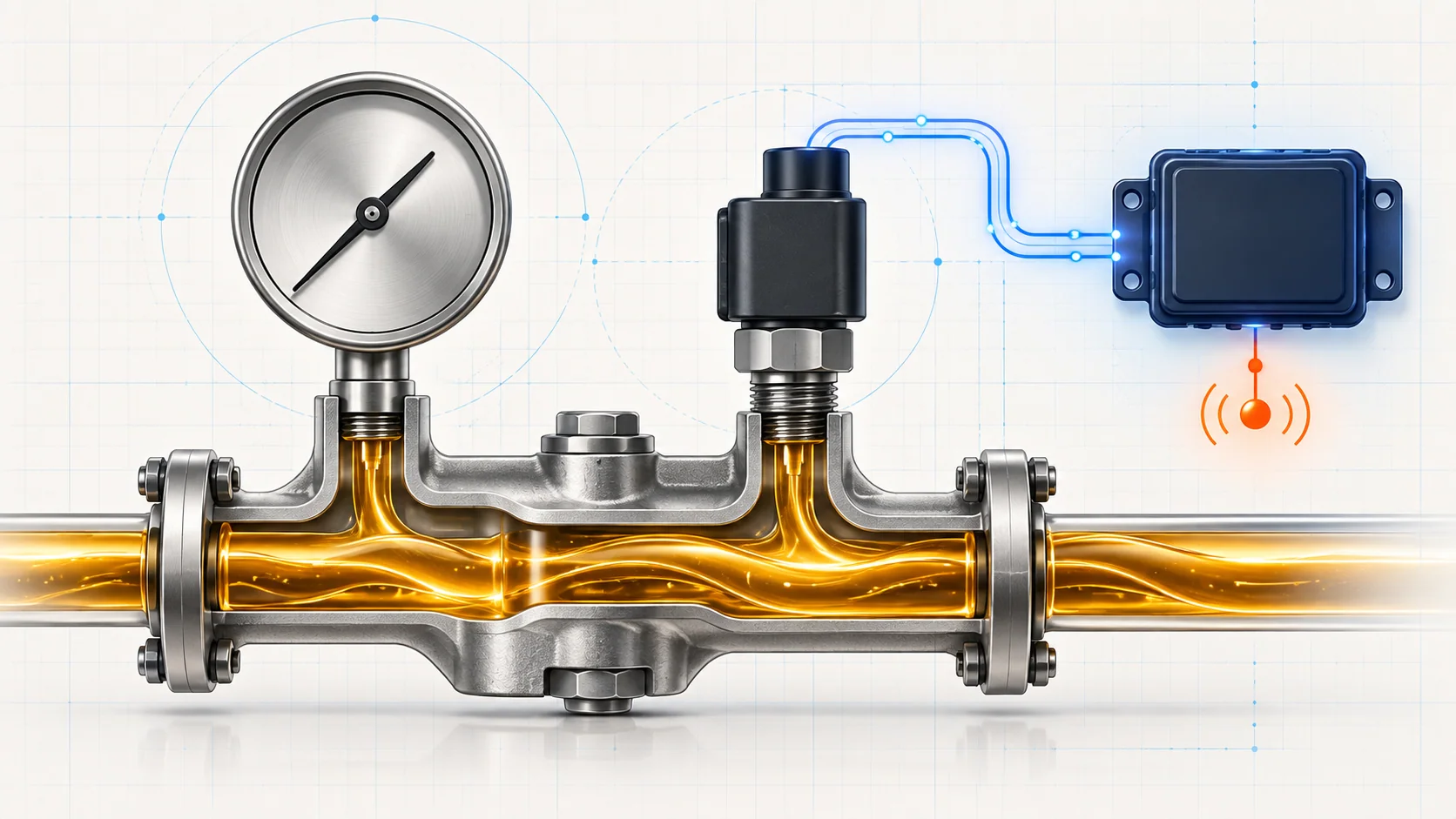 Abstract oil-pressure monitoring illustration with contained oil flow, a mechanical gauge, an electronic pressure sensor, and controller feedback