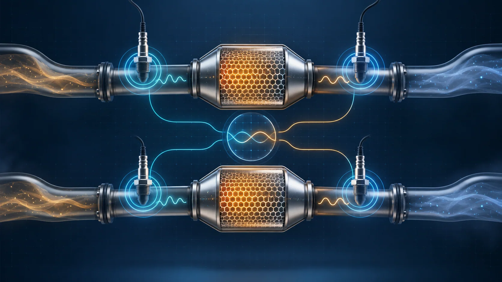 Abstract dual-bank catalyst-monitoring illustration with heated oxygen-sensor rings, honeycomb converter chambers, and upstream/downstream signal comparison