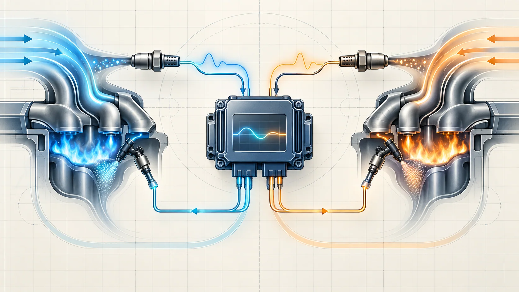 Abstract air-fuel feedback illustration showing two engine banks, upstream sensing, a central controller, injector control, and balanced lean-rich correction loops