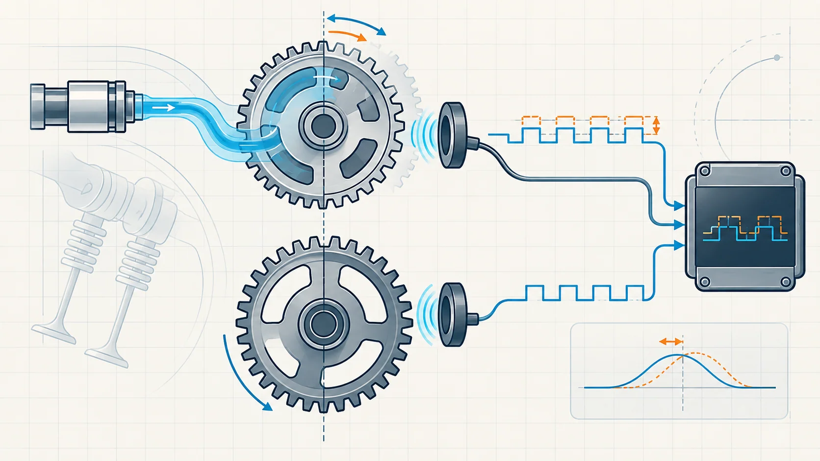 Abstract engine timing illustration showing crank and cam targets, position sensing, hydraulic cam adjustment, pulse patterns, and electronic comparison