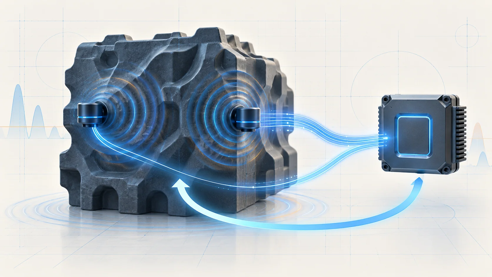 Abstract knock-feedback illustration showing vibration waves, two sensing modules and a generic controller