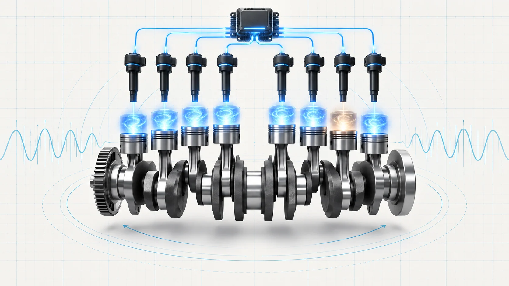 Abstract ignition and misfire-detection illustration showing eight combustion contributions, one weakened pulse, coil control, and crankshaft-speed feedback