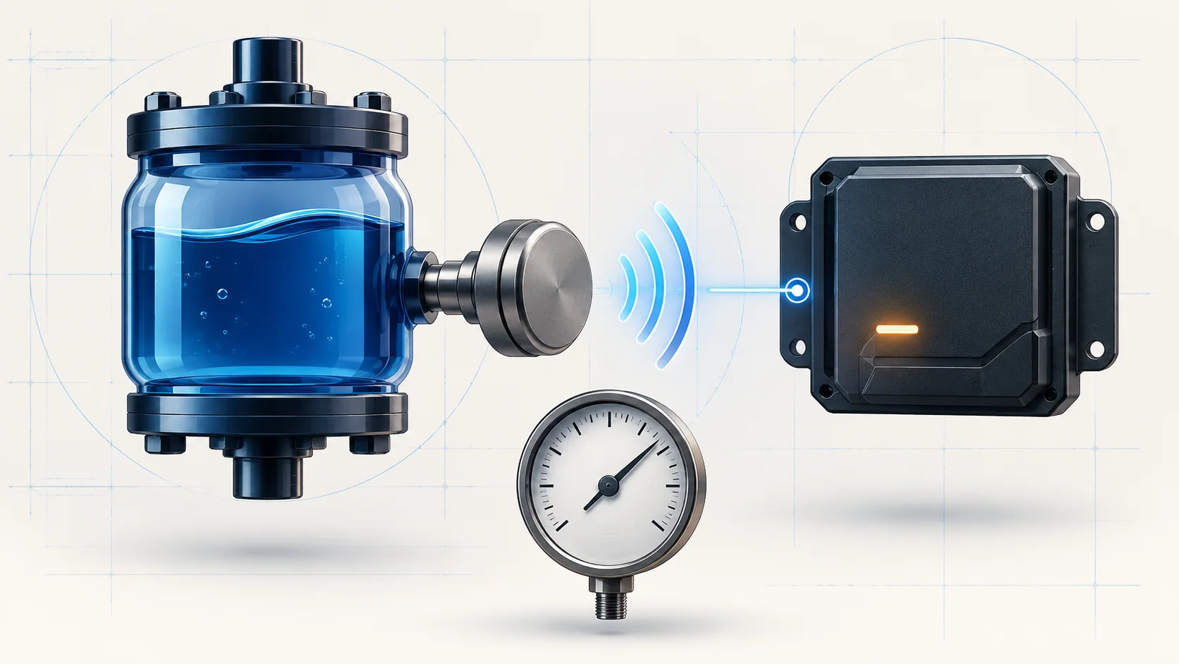 Abstract oil-pressure monitoring illustration showing a sealed pressure chamber, sensing module, controller feedback and a separate unnumbered mechanical dial