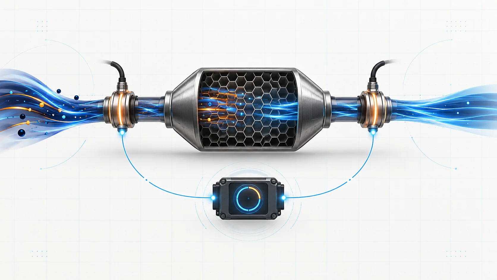 Abstract oxygen-sensor and catalyst-monitoring illustration showing upstream and downstream sensing, catalyst media, and electronic comparison feedback