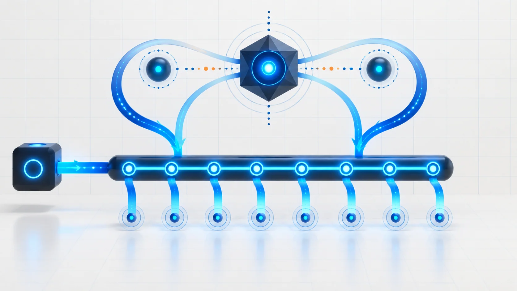 Abstract fuel-delivery and air-fuel-control illustration showing eight metering nodes, dual-bank feedback loops, and a central electronic control core