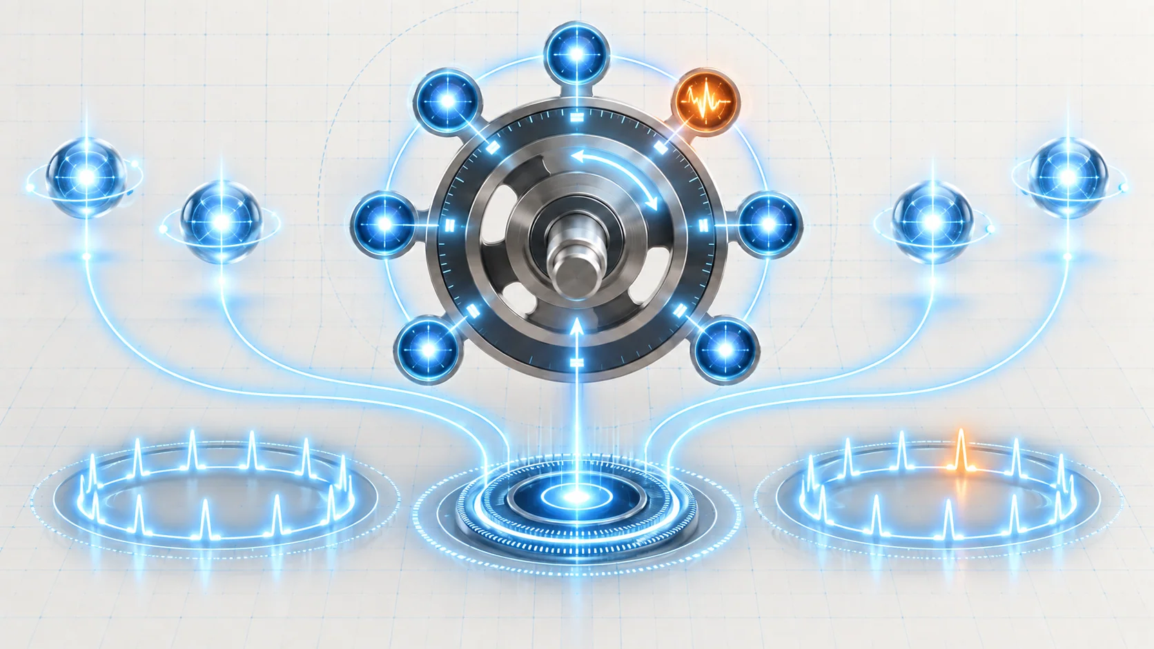 Abstract misfire and ignition-control illustration showing rotational pulse comparison, distributed ignition-energy nodes, and one irregular diagnostic pulse