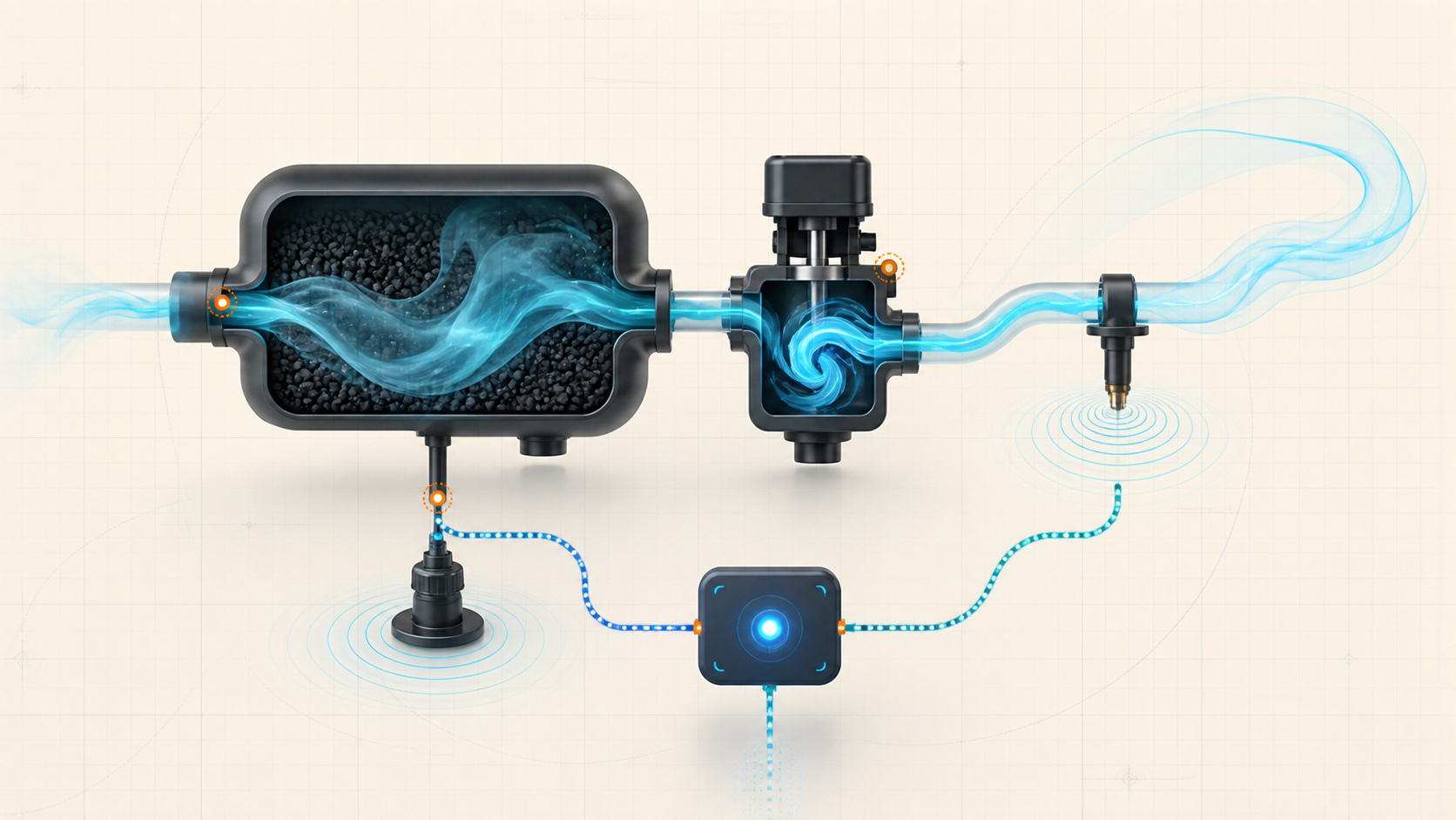 Abstract EVAP system illustration showing charcoal vapor storage, controlled purge, passive seal sensing, pressure feedback, and diagnostic control