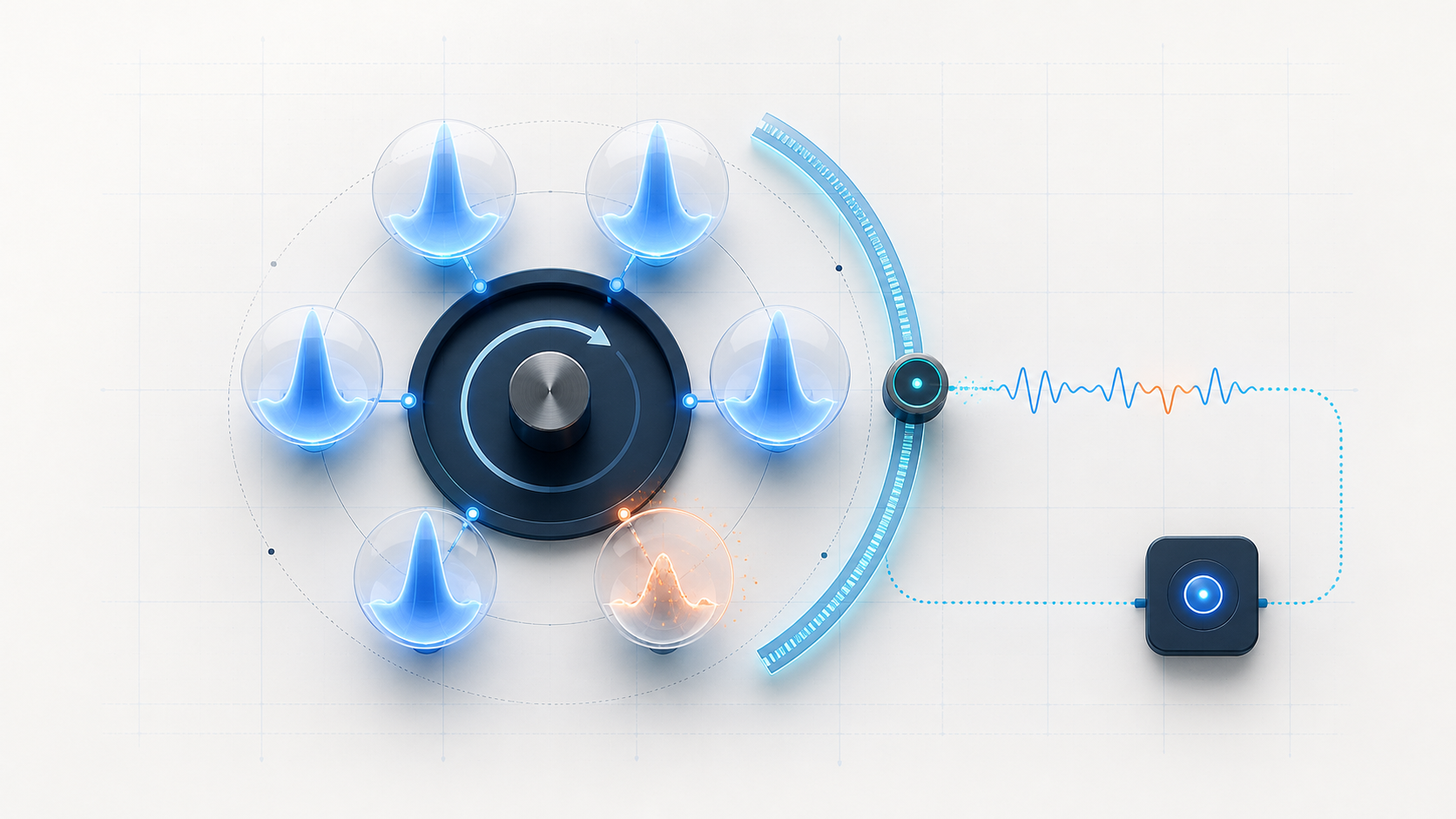 Abstract engine misfire detection illustration showing six combustion pulses, one disturbed event, crankshaft-speed sensing, and feedback analysis