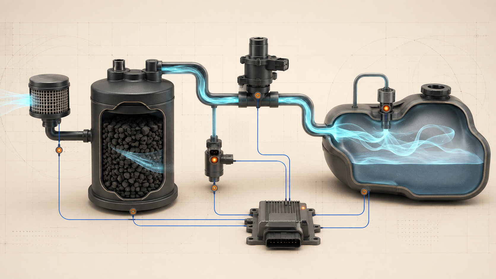 Abstract EVAP system illustration showing a charcoal canister, filtered vent path, purge valve, vapor chamber, pressure feedback, and electronic control